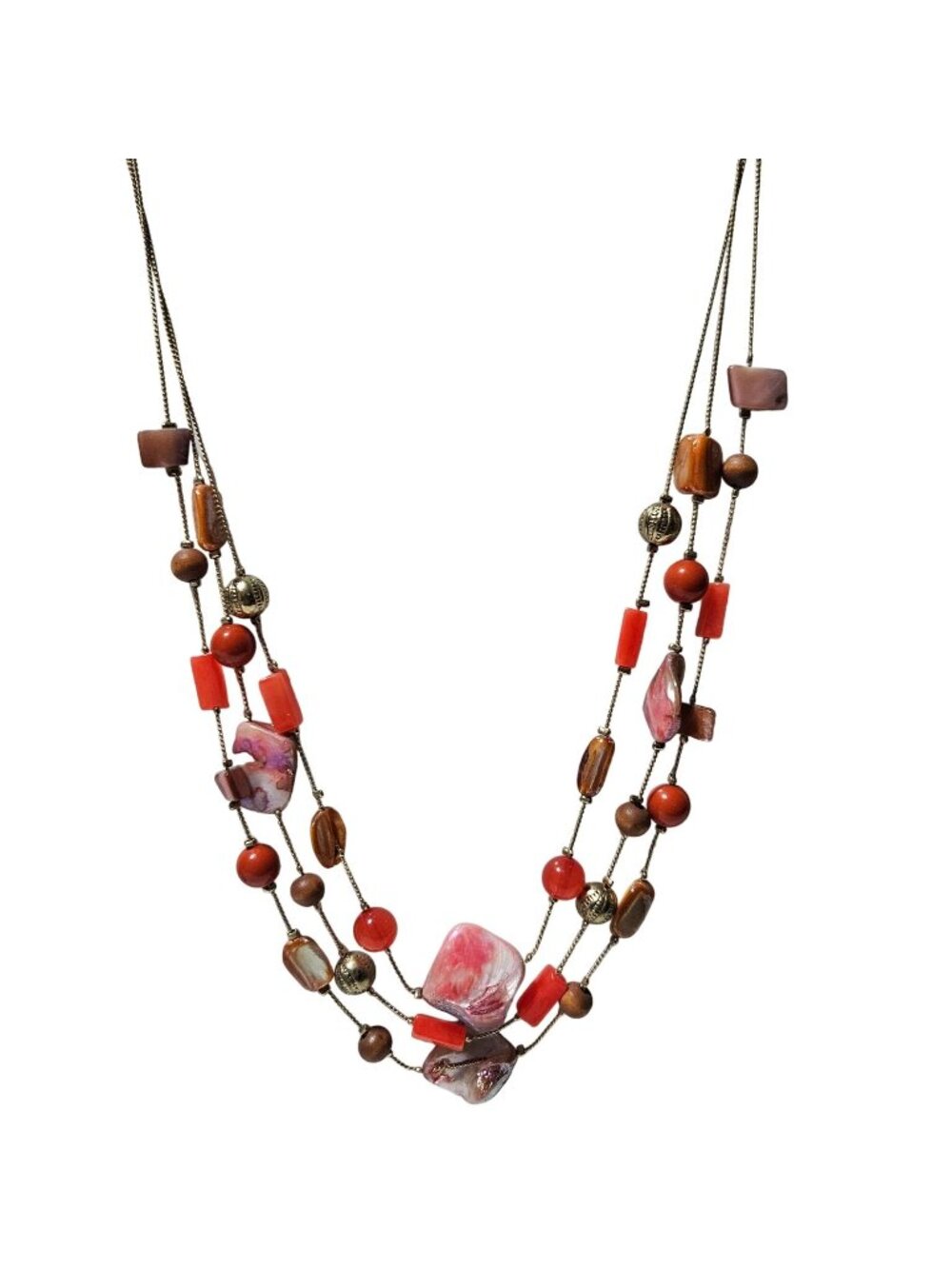 Boho Chunky Beaded Necklace Multi Strand Natural Stone Wood Accents Jewelry
